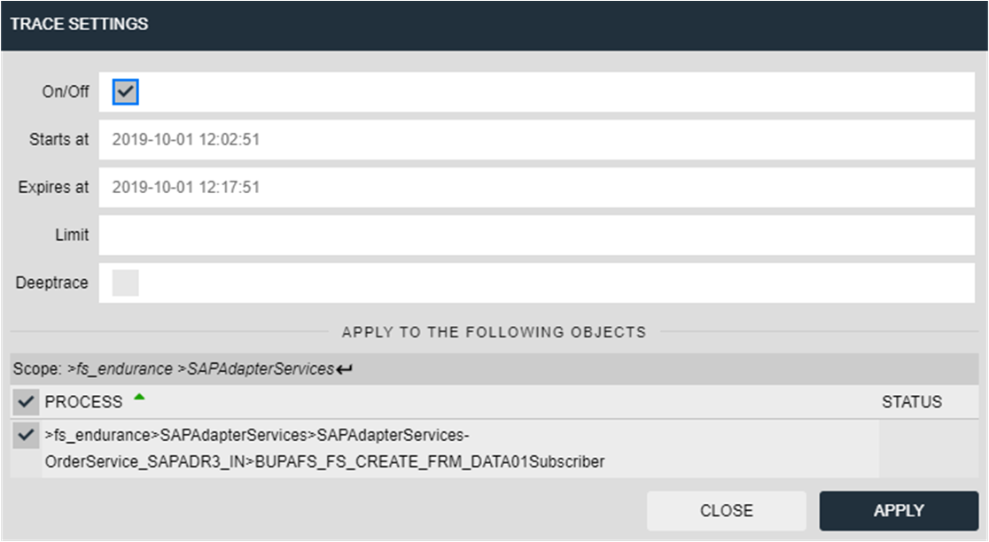 Trace settings dialog