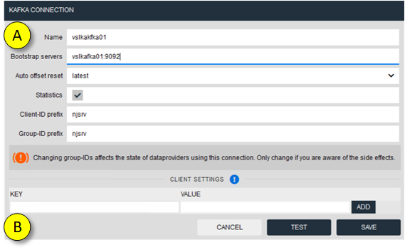 Kafka connection configuration page