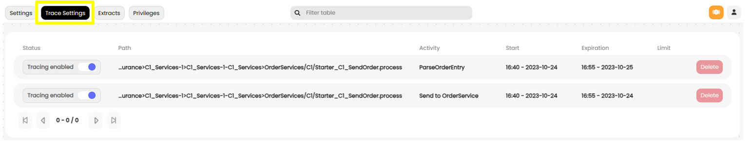 Trace settings