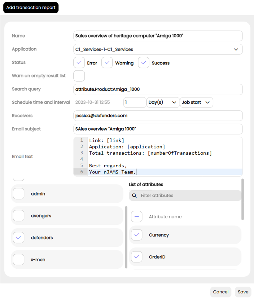 Scheduled Transaction Report configuration