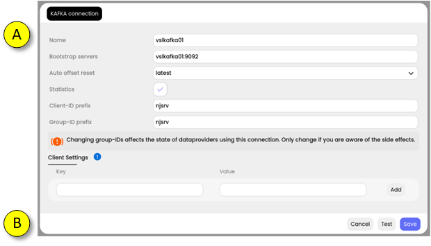 Kafka connection configuration page